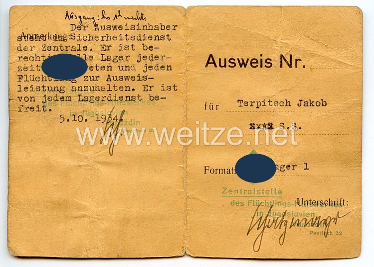 NSDAP - Oesterr. Flüchtlingslager Varazdin - Zentralstelle des Flüchtlings-Hilfswerk in Jugoslawien - Ausweis Bild 2