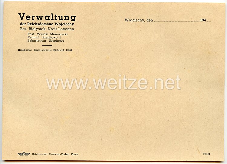 III. Reich - Verwaltung der Reichsdomäne Wojciechy Bez. Bialystok Kreis Lomscha - Briefpapier