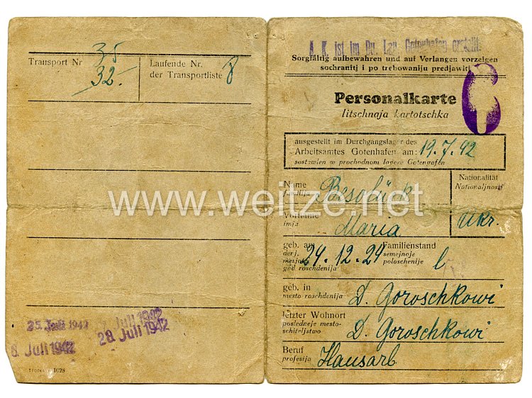 III. Reich - Personalkarte Arbeitsamt Gotenhafen für eine Frau des Jahrgangs 1924