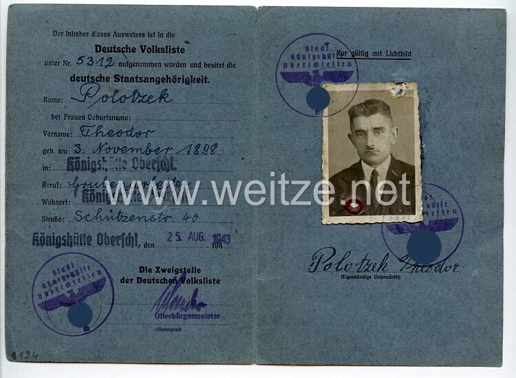 III. Reich - Ausweis der Deutschen Volksliste für einen Mann des Jahrgangs 1898 aus Königshütte/Oberschlesien Bild 2