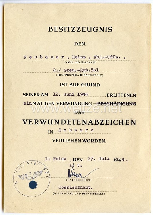 Heer - Urkundentrio für einen späteren Oberfähnrich d.R. der 2./Gren.-Rgt.501 Bild 2