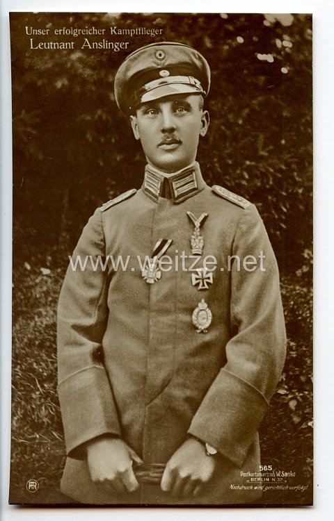 Fliegerei 1. Weltkrieg - Fotopostkarte  - Deutsche Fliegerhelden " Leutnant Anslinger "