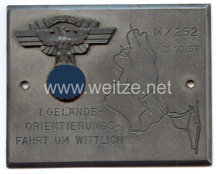 NSKK - nichttragbare Teilnehmerplakette - " M/252 I. Gelände-Orientierungsfahrt um Wittlich 31.10.1937 "
