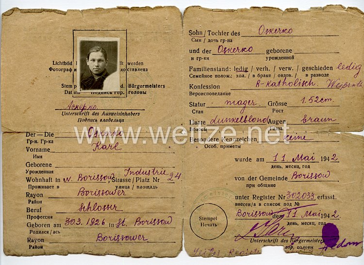III. Reich / Weißrussland - Bürgermeister der Stadt Borrisow - Vorläufiger Personalausweis für eine Jungen des Jahrgangs 1926 Bild 2