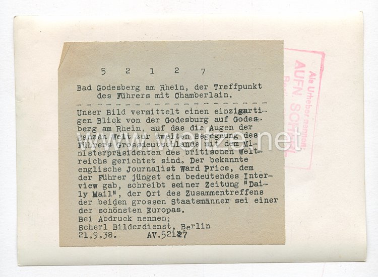 3. Reich Pressefoto: Bad Godsberg am Rhein, der Treffpunkt von Adolf Hitler mit Chamberlain 21.9.1938 Bild 2