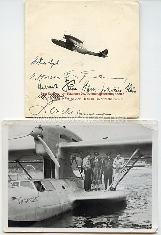 Luftwaffe - Originalunterschriften der Besatzung des Dornier-Rekordflugbootes Do 18 D-ANHR von 1938