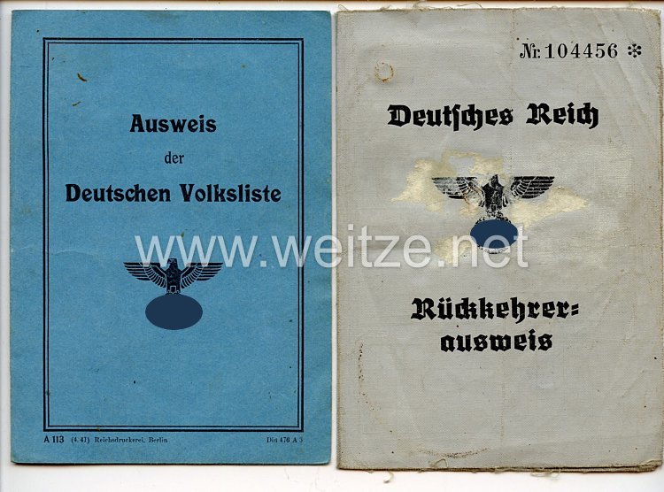 III. Reich - Dokumentenpaar für eine Frau des Jahrgangs 1915 aus Schönthal/Lemberg