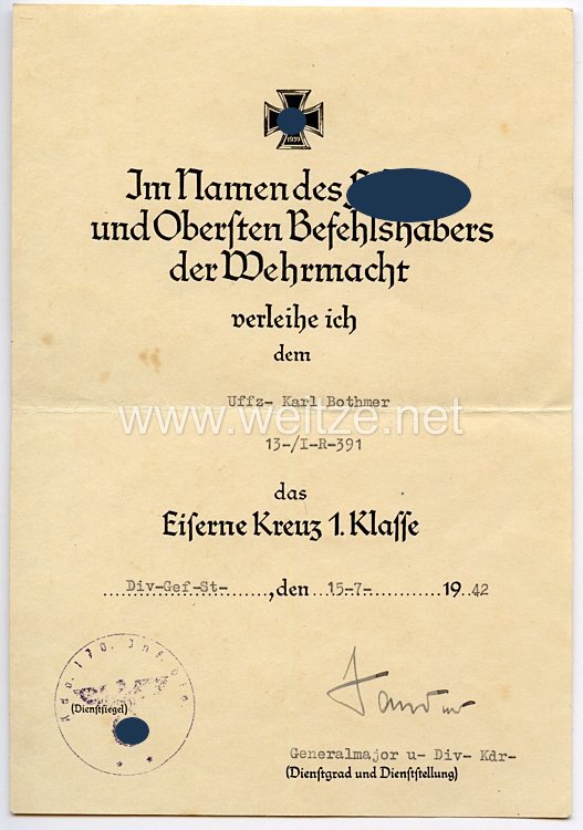 Eisernes Kreuz 1. Klasse 1939 - Verleihungsurkunde
