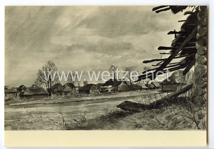 SS - Propaganda-Postkarte - " Ausstellung  Deutsche Künstler und die SS - Richard Weckbrod, Russisches Dorf "