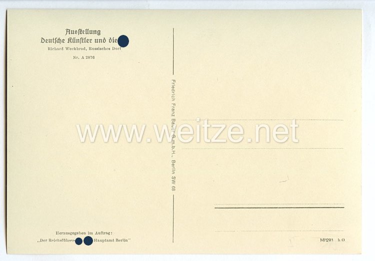 SS - Propaganda-Postkarte - " Ausstellung  Deutsche Künstler und die SS - Richard Weckbrod, Russisches Dorf " Bild 2