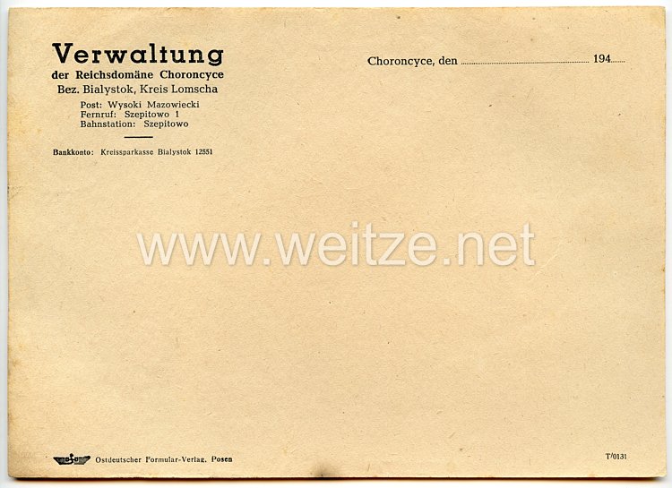 III. Reich - Verwaltung der Reichsdomäne Choroncyce Bez. Bialystok Kreis Lomscha - Briefpapier