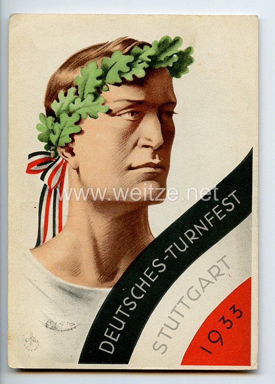 III. Reich - farbige Propaganda-Postkarte - " Deutsches-Turnfest Stuttgart 1933 "