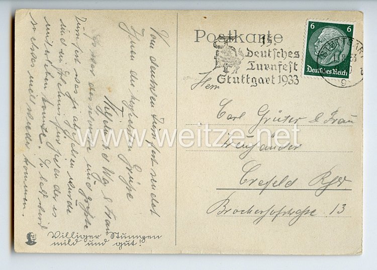 III. Reich - farbige Propaganda-Postkarte - " Deutsches-Turnfest Stuttgart 1933 " Bild 2