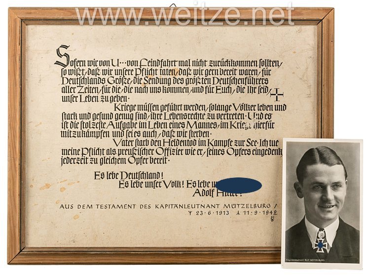 Kriegsmarine - U-Boot-Kommandant Rolf Mützelburg - " Erinnerungsblatt aus dem Testament "
