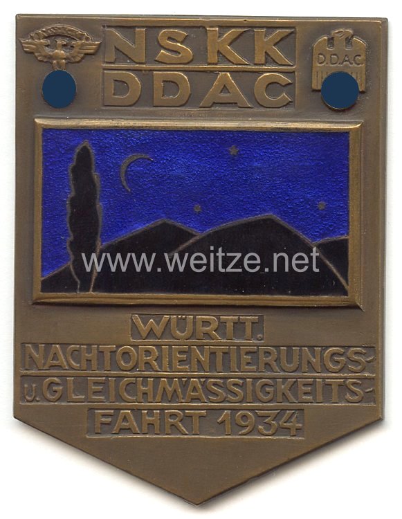 NSKK / DDAC - nichttragbare Teilnehmerplakette - " Württ. Nachtorientierungs- u. Gleichmässigkeitsfahrt 1934 " 