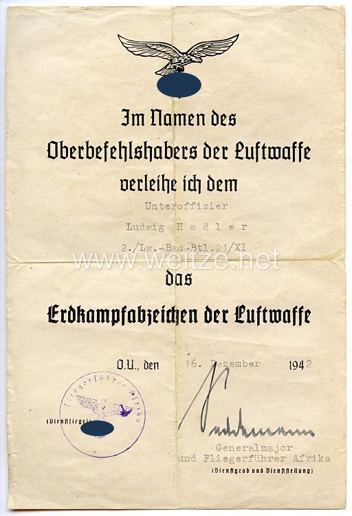 Luftwaffe - Dokumentengruppe für einen Unteroffizier und späteren Feldwebel der 2./Lw.-Bau-Btl.21/XI in Afrika Bild 2