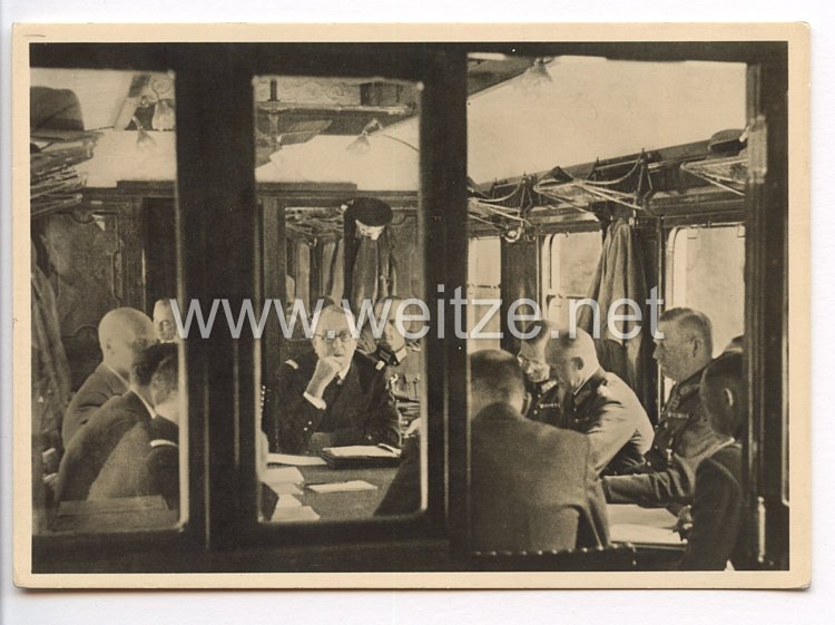 III. Reich - Propaganda-Postkarte - " Adolf Hitler - Compiègne 1940 - Während der Waffenstillstandsverhandlungen im historischen Wagen "