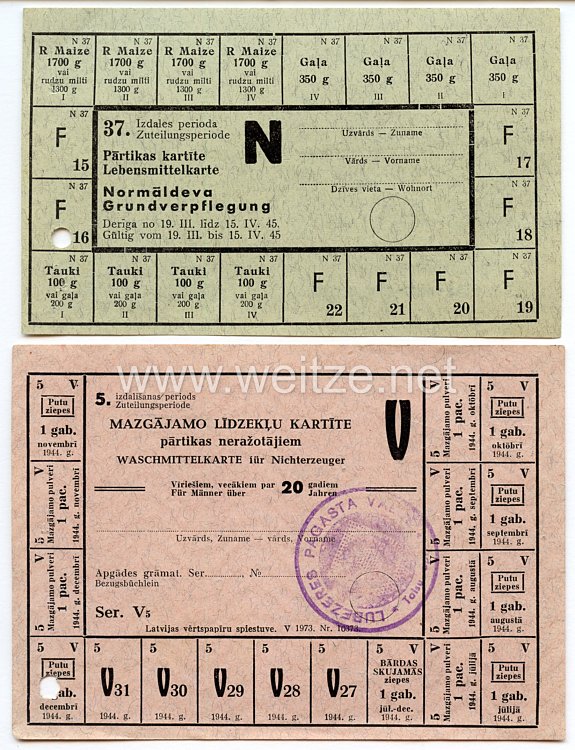 III. Reich / Lettland - Lebensmittelkarte und Waschmittelkarte für Nichterzeuger von 1944-45