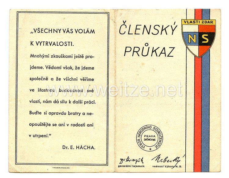 III. Reich - Tschecheslowakei - Narodni Sourucenstvi ( NS ) - Mitgliedsausweis für eine Frau des Jahrgangs 1912