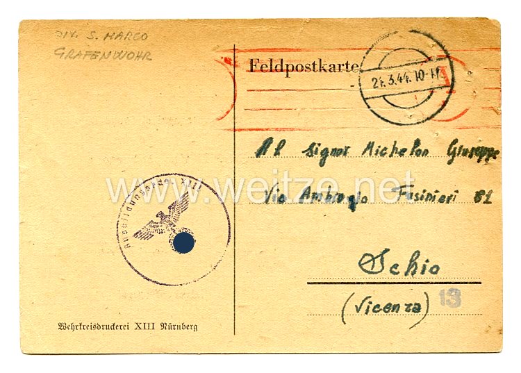 Italien 2. Weltkrieg R.S.I. ab 1943: Deutsche Feldpostkarte eines italienischen Soldaten 