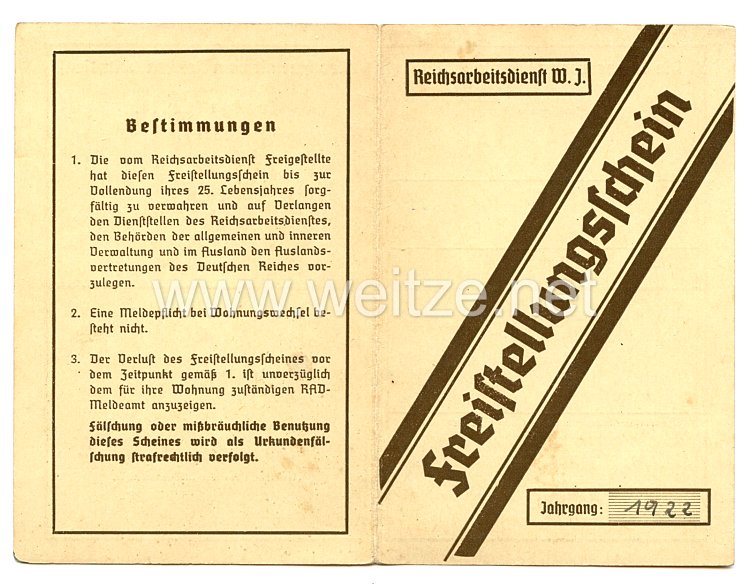 Reichsarbeitsdienst W.J. - Freistellungsschein