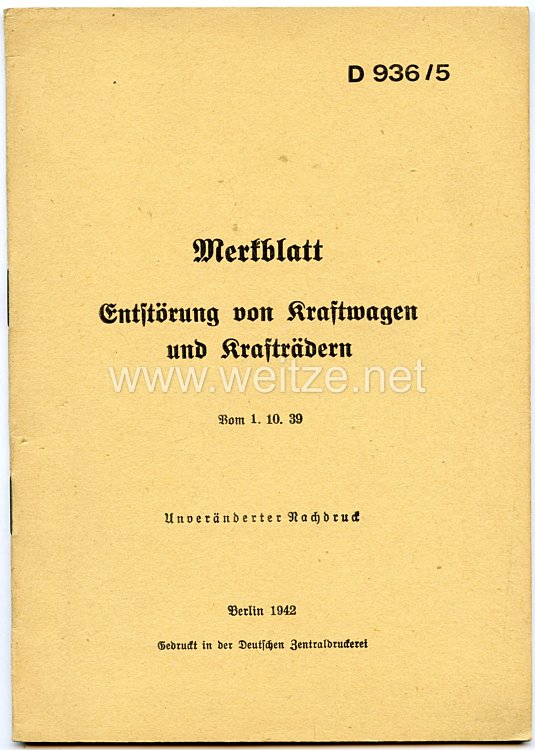 D 936/5 Merkblatt Entstörung von Kraftwagen und Krafträdern vom 1.10.39,