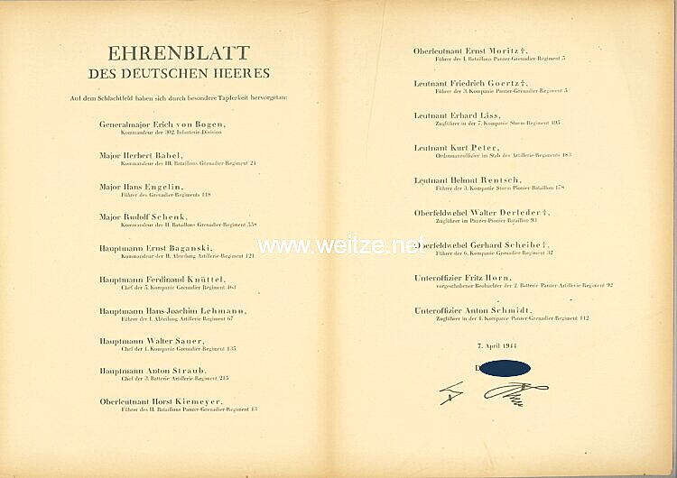 Ehrenblatt des deutschen Heeres - Ausgabe vom 7. April 1944 Bild 2