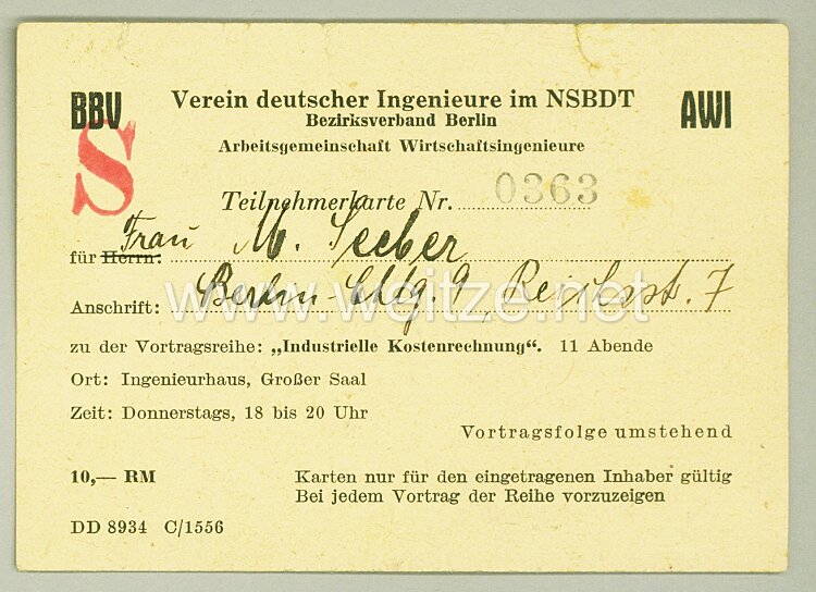 III. Reich - Verein deutscher Ingenieure im NSBDT - Teilnehmerkarte