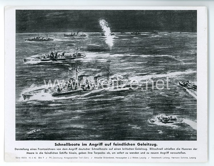 III. Reich - gedrucktes Pressefoto " Schnellboote im Angriff auf feindlichen Geleitzug " 16.3.1944