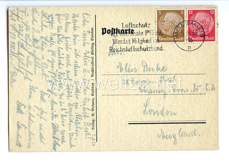 III. Reich - farbige Propaganda-Postkarte - " 1000 Jahre Stadt Alsleben an der Saale - Kreistreffen der NSDAP 1.-2. August 1936 in Alsleben " Bild 2