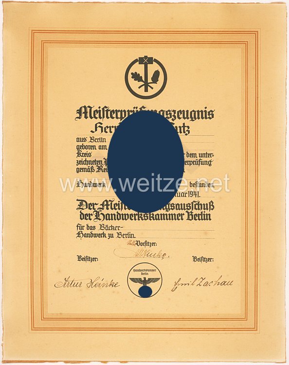 III. Reich - Handelskammer Berlin - Meisterpfüfungszeugnis für einen Mann des Jahrgangs 1905 aus Zirke