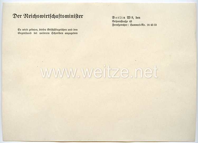 III. Reich - Der Reichswirtschaftsminister - Briefpapier