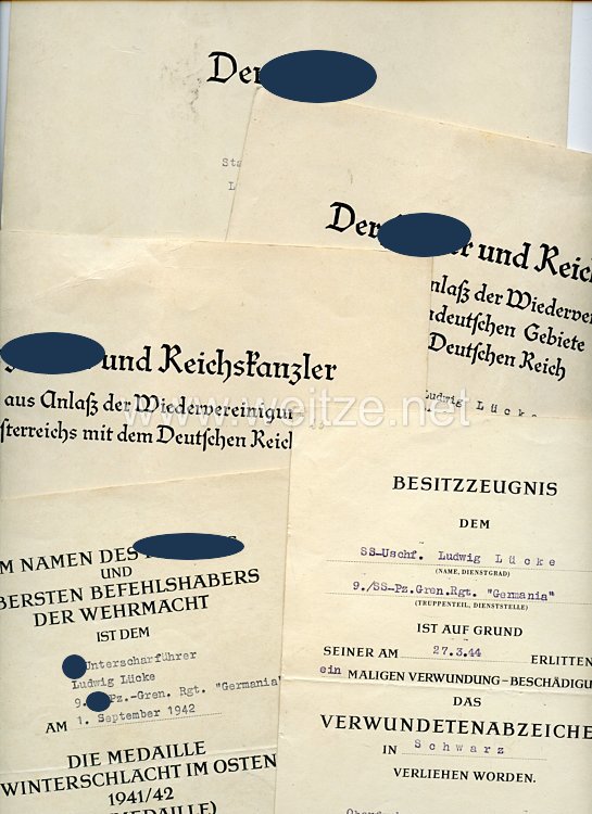 Waffen-SS - Urkundengruppe für einen späteren SS-Unterscharführer der 9./SS-Pz.-Gren.-Rgt." Germania "
