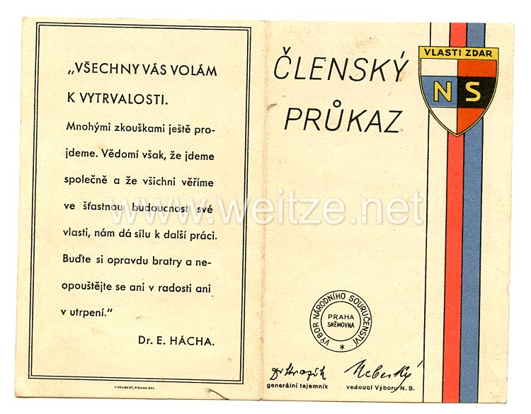 III. Reich - Tschecheslowakei - Narodni Sourucenstvi ( NS ) - Mitgliedsausweis für eine Frau des Jahrgangs 1886